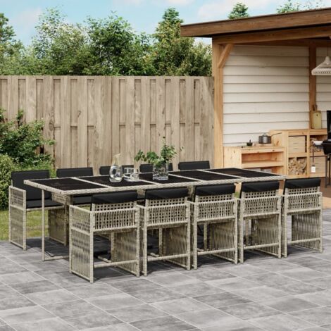 Set de comedor de jardín 11 pzas y cojines ratán sintético gris vidaXL