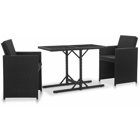 Set comedor de jardín 3 piezas y cojines ratán sintético negro vidaXL