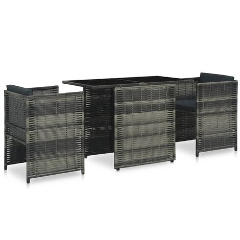 Set mesa y sillas jardín 3 pzas y cojines ratán sintético gris vidaXL
