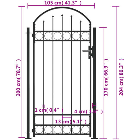 Puerta de valla con arco y 2 postes negra 105x204 cm vidaXL