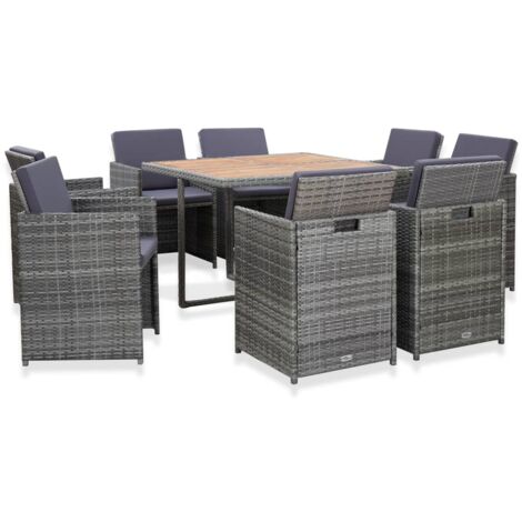 Set comedor de jardín 9 piezas y cojines ratán sintético gris vidaXL