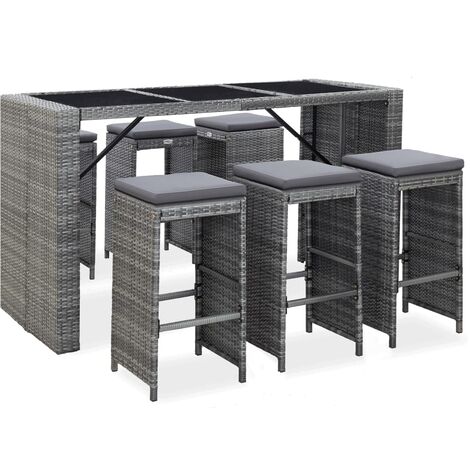 Mesa y sillas de bar jardín 7 pzas cojines ratán sintético gris vidaXL
