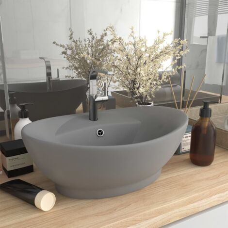 Lavabo lujoso ovalado con rebosadero cerámica gris claro mate vidaXL