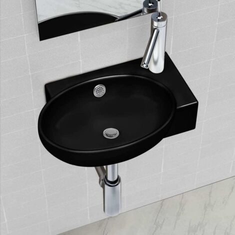 Lavabo redondo de cerámica con orificio de grifo/desagüe negro vidaXL