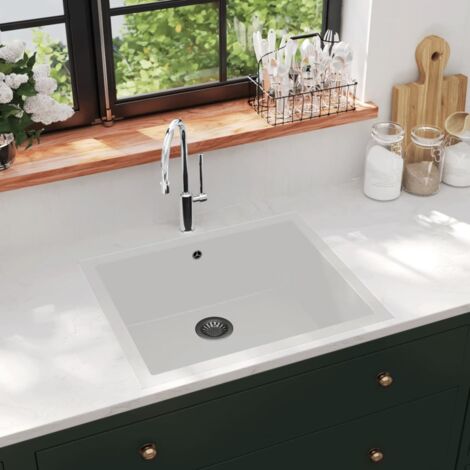 Fregadero de cocina con rebosadero granito blanco vidaXL