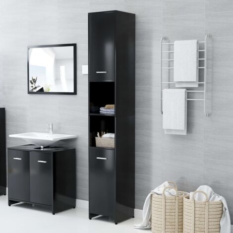 Armario baño madera contrachapada negro brillo 30x30x183,5 cm vidaXL