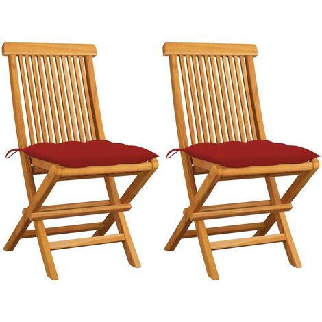 Sillas de jardín 2 uds madera maciza de teca con cojines rojos vidaXL (1/5)