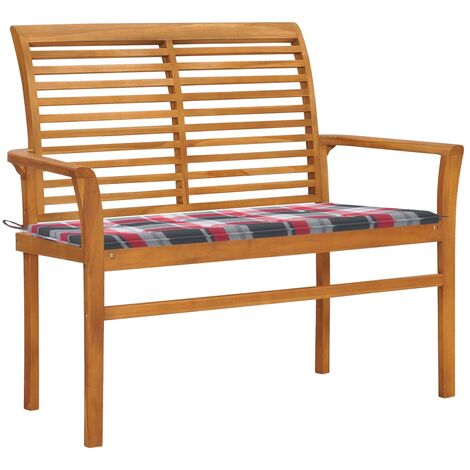 Banco de jardín con cojín a cuadros rojos 112 cm de teca masiva
