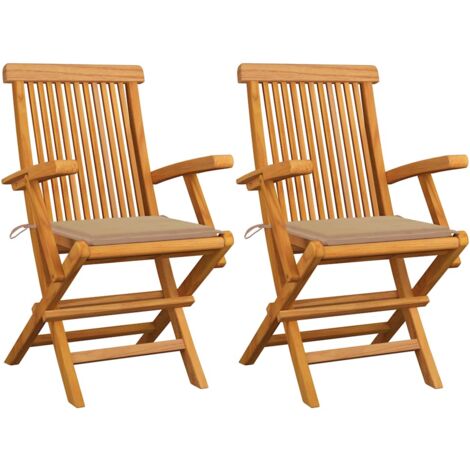 Sillas de jardín con cojines de beiges 2 PCS Massive Teak - 207167