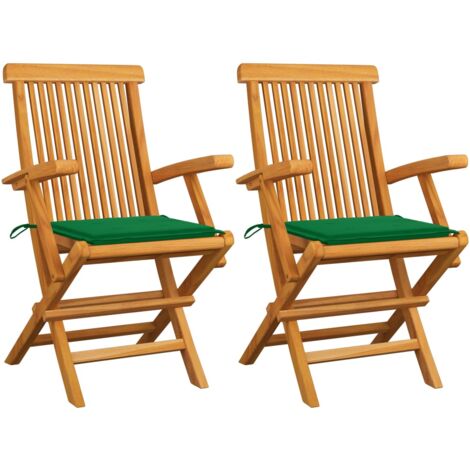 Sillas de jardín 2 uds madera maciza de teca con cojines verdes vidaXL