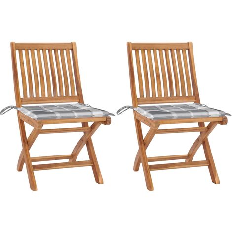 Sillas de jardín 2 uds madera teca con cojines a cuadros gris vidaXL (1/5)