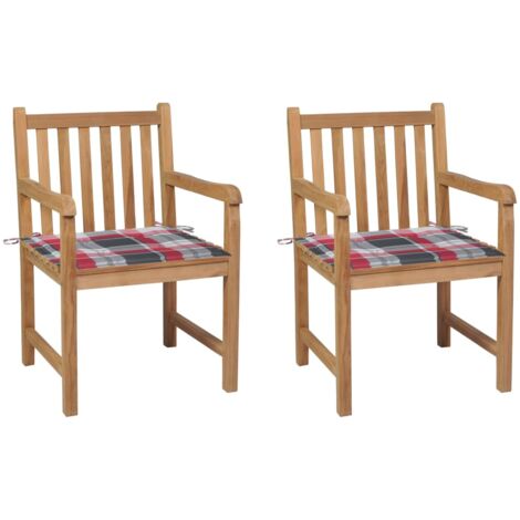 Sillas de jardín 2 uds madera de teca y cojines a cuadros rojos vidaXL (1/5)