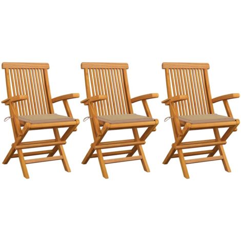 Sillas de jardín 3 uds madera maciza de teca con cojines beige vidaXL
