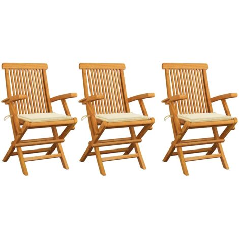 Sillas de jardín 3 uds madera teca con cojines color crema vidaXL (1/5)