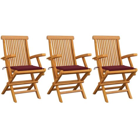 Sillas de jardín 3 uds madera teca con cojines rojo tinto vidaXL