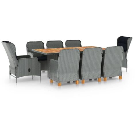Set comedor jardín 9 pzas y cojines ratán sintético gris claro vidaXL