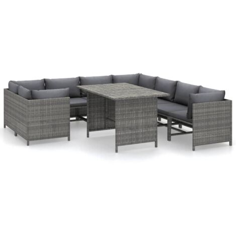 Set de muebles de jardín 9 pzas y cojines ratán sintético gris vidaXL (1/6)
