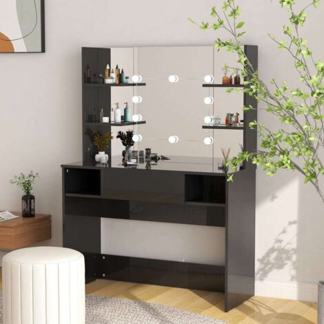 Tocador de maquillaje luces LED MDF negro brillo 100x40x135 cm vidaXL