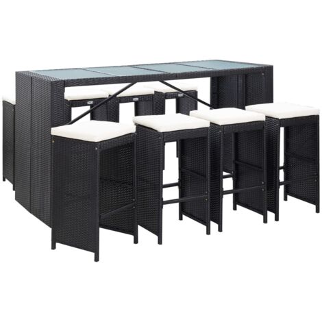 Mesa y taburetes altos jardín 9 pzas ratán sintético negro vidaXL