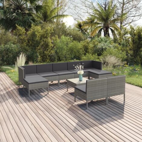 Set de muebles de jardín 10 pzas y cojines ratán sintético gris vidaXL