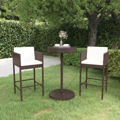 Set de bar de jardín 3 piezas y cojines ratán sintético marrón vidaXL