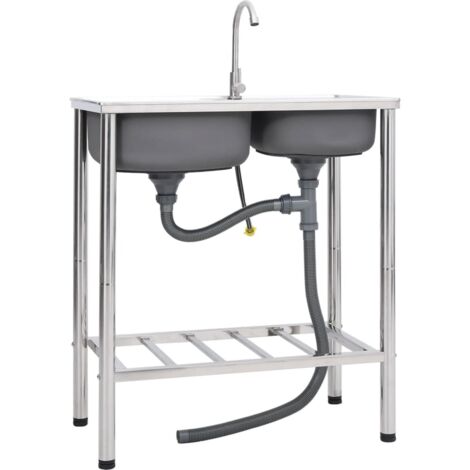 Fregadero de camping doble seno y grifo acero inoxidable vidaXL
