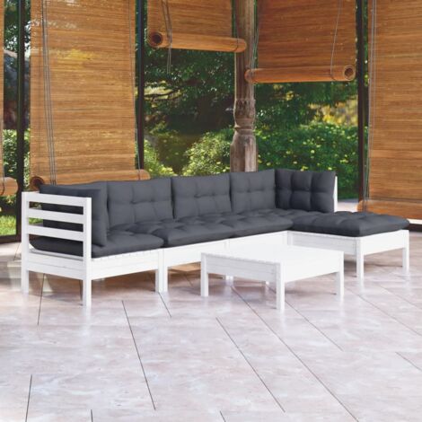 Muebles de jardín 6 pzas con cojines blanco madera de pino vidaXL (1/5)