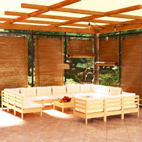 vidaXL Muebles de jardín 14 piezas y cojines madera de pino crema (1/5)