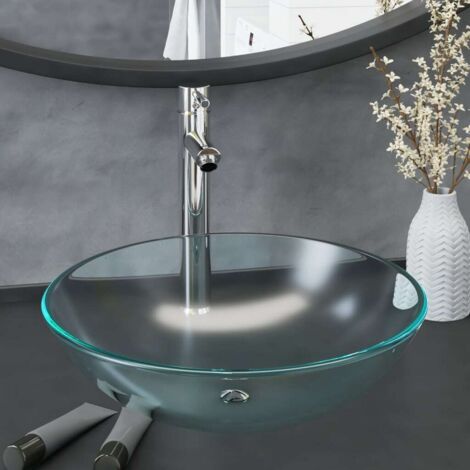 Lavabo baño grifo&desagüe de empuje vidrio templado esmerilado vidaXL
