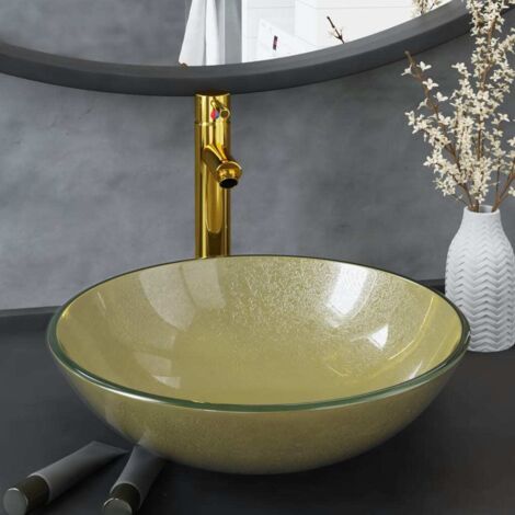Lavabo de baño grifo&desagüe de empuje vidrio templado dorado vidaXL
