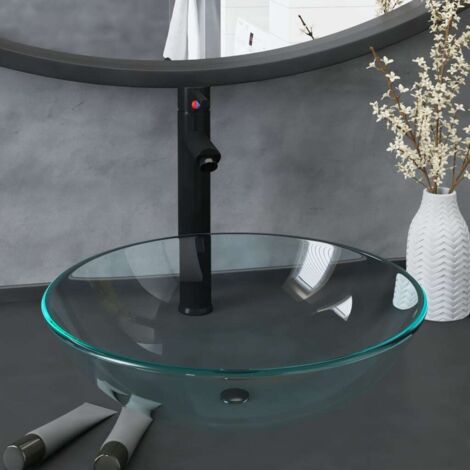 Lavabo de baño con grifo y desagüe de empuje vidrio templado vidaXL
