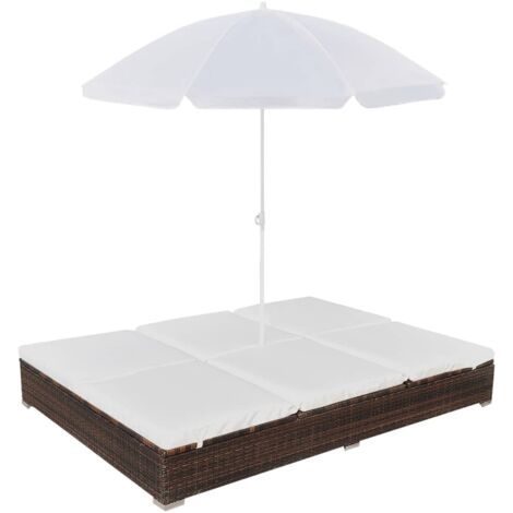 Tumbona cama con sombrilla ratán sintético marrón vidaXL