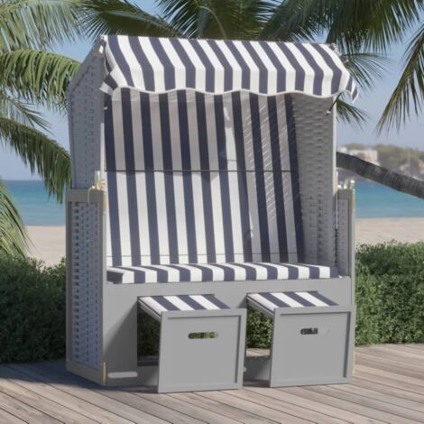 Silla playa Strandkorb con dosel ratán PE y madera azul blanco vidaXL