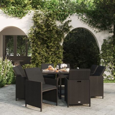 Set de comedor de jardín 9 pzas y cojines ratán sintético negro vidaXL