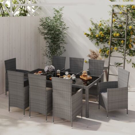 Set de comedor de jardín 9 pzas y cojines ratán sintético gris vidaXL