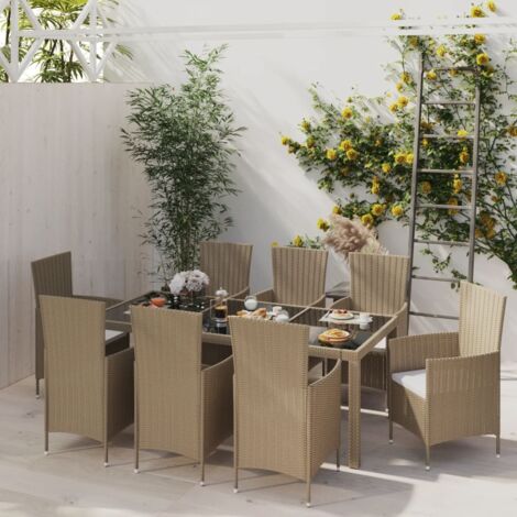 Set de comedor de jardín 9 pzas y cojines ratán sintético beige vidaXL