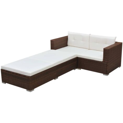Set muebles de jardín 3 piezas y cojines ratán sintético marrón vidaXL