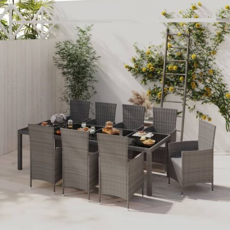 Set de comedor de jardín 9 pzas y cojines ratán sintético gris vidaXL