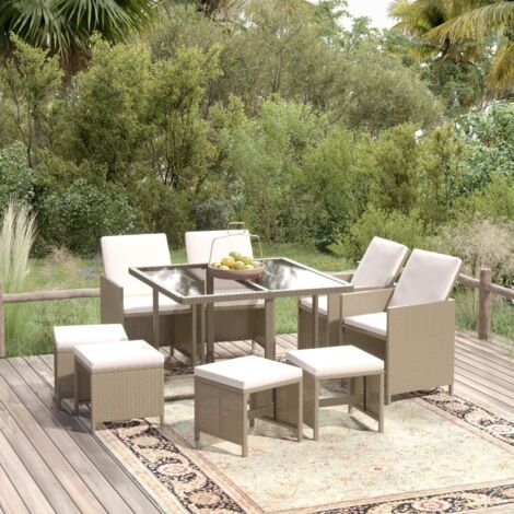 Set comedor de jardín 9 pzas con cojines ratán sintético beige vidaXL