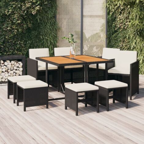 Set de comedor de jardín 9 pzas y cojines ratán sintético negro vidaXL