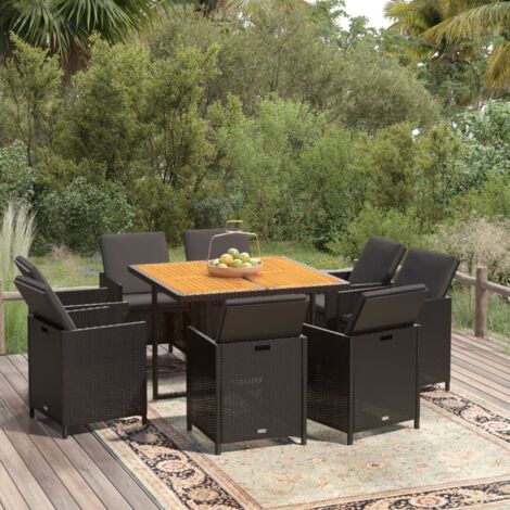 Set de comedor de jardín 9 pzas y cojines ratán sintético negro vidaXL