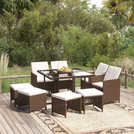 Set de comedor jardín 9 pzas y cojines ratán sintético marrón vidaXL