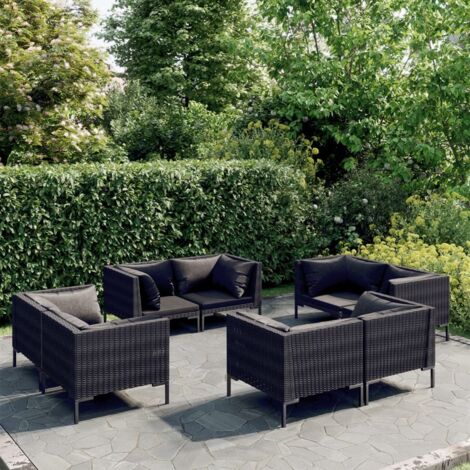 8 PCS conj. Garden Lounge con cojines de mimbre gris oscuro (1/5)
