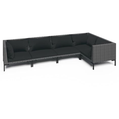 5 PCS conj. Garden Lounge con cojines de mimbre gris oscuro (1/5)