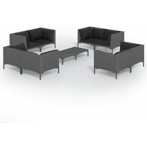 Set muebles jardín 9 pzas y cojines ratán sintético gris oscuro vidaXL (1/5)
