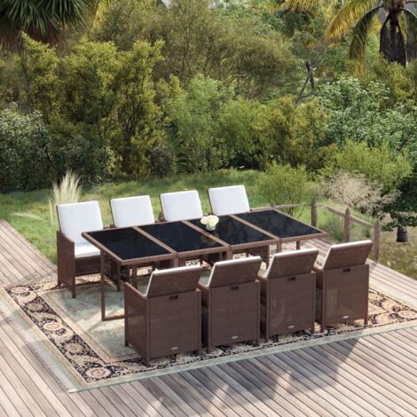 Set de comedor jardín 9 pzas y cojines ratán sintético marrón vidaXL