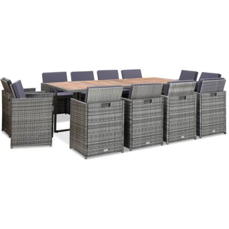 Set comedor de jardín 13 piezas y cojines ratán sintético gris vidaXL