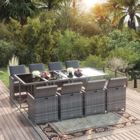 Set comedor jardín 9 pzas y cojines ratán sintético gris vidaXL
