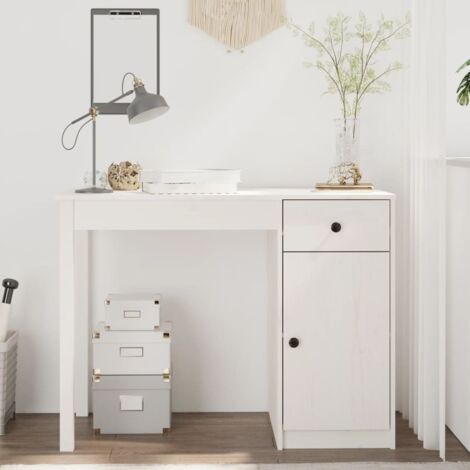 Vidaxl – Escritorio de madera maciza de pino blanco 100x50x75 cm – 1 cajón y armario – Superficie amplia para ordenador – Diseño rústico (1/5)
