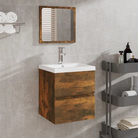 Armario de lavabo con lavamanos y espejo color roble ahumado vidaXL